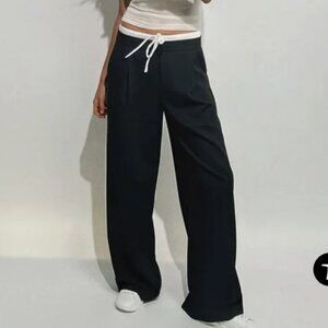 Zara black pinstripe trousers double waistband wide leg high rise pants black